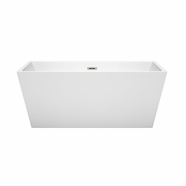 Wyndham Collection Sara 59 Inch Freestanding Bathtub in White with Brushed Nickel Drain and Overflow Trim - Luxe Bathroom Vanities