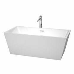 63 inch Freestanding Bathtub in White with Floor Mounted Faucet, Drain and Overflow Trim - Luxe Bathroom Vanities Luxury Bathroom Fixtures Bathroom Furniture