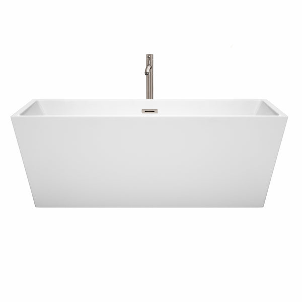 Wyndham Collection Sara 67 Inch Freestanding Bathtub in White with Brushed Nickel Drain and Overflow Trim - Luxe Bathroom Vanities