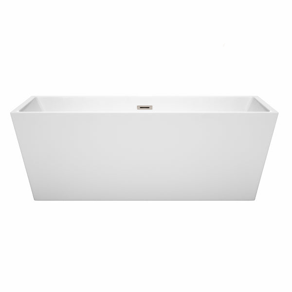 Wyndham Collection Sara 67 Inch Freestanding Bathtub in White with Brushed Nickel Drain and Overflow Trim - Luxe Bathroom Vanities