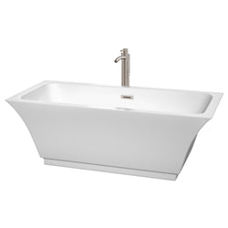 Wyndham Collection Galina 67 Inch Freestanding Bathtub in White with Brushed Nickel Drain and Overflow Trim - Luxe Bathroom Vanities