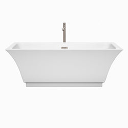 Wyndham Collection Galina 67 Inch Freestanding Bathtub in White with Brushed Nickel Drain and Overflow Trim - Luxe Bathroom Vanities