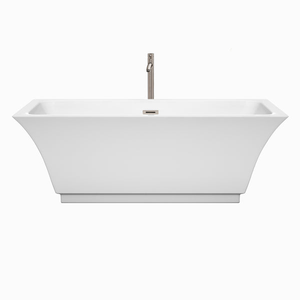 Wyndham Collection Galina 67 Inch Freestanding Bathtub in White with Brushed Nickel Drain and Overflow Trim - Luxe Bathroom Vanities