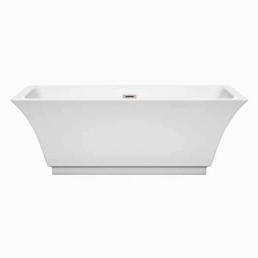 Wyndham Collection Galina 67 Inch Freestanding Bathtub in White with Brushed Nickel Drain and Overflow Trim - Luxe Bathroom Vanities