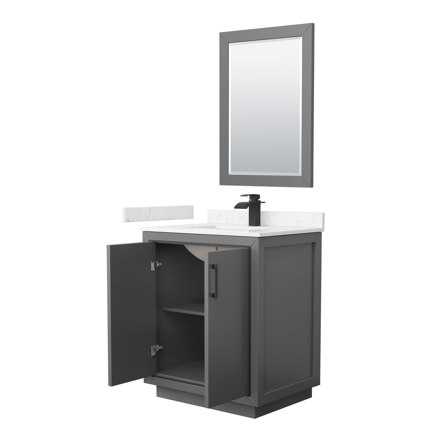 Wyndham Icon 30 Inch Single Bathroom Vanity Carrara Cultured Marble Countertop with Undermount Square Sink, Matte Black Trim and 24 Inch Mirror - Luxe Bathroom Vanities