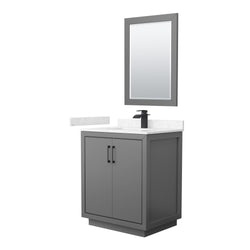 Wyndham Icon 30 Inch Single Bathroom Vanity Carrara Cultured Marble Countertop with Undermount Square Sink, Matte Black Trim and 24 Inch Mirror - Luxe Bathroom Vanities