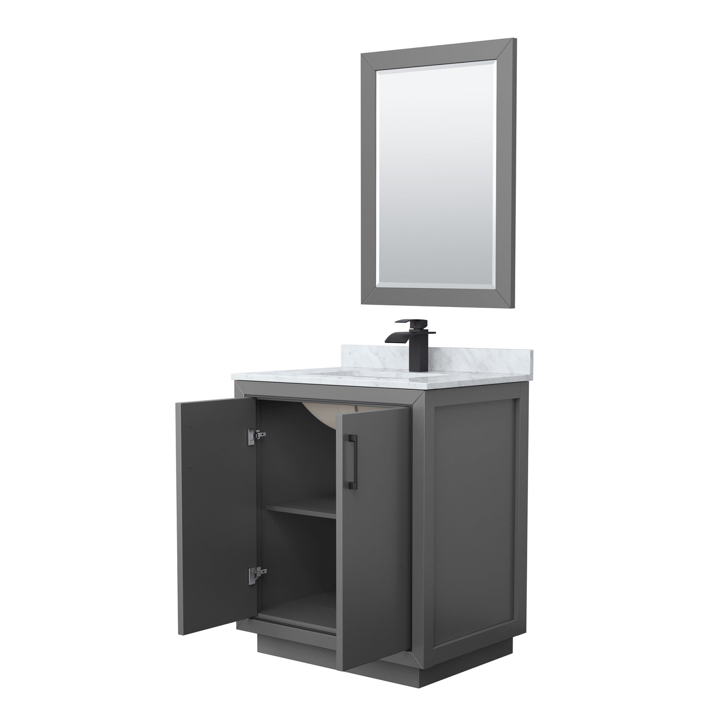 Wyndham Icon 30 Inch Single Bathroom Vanity White Carrara Marble Countertop Undermount Square Sink with Matte Black Trim and 24 Inch Mirror - Luxe Bathroom Vanities