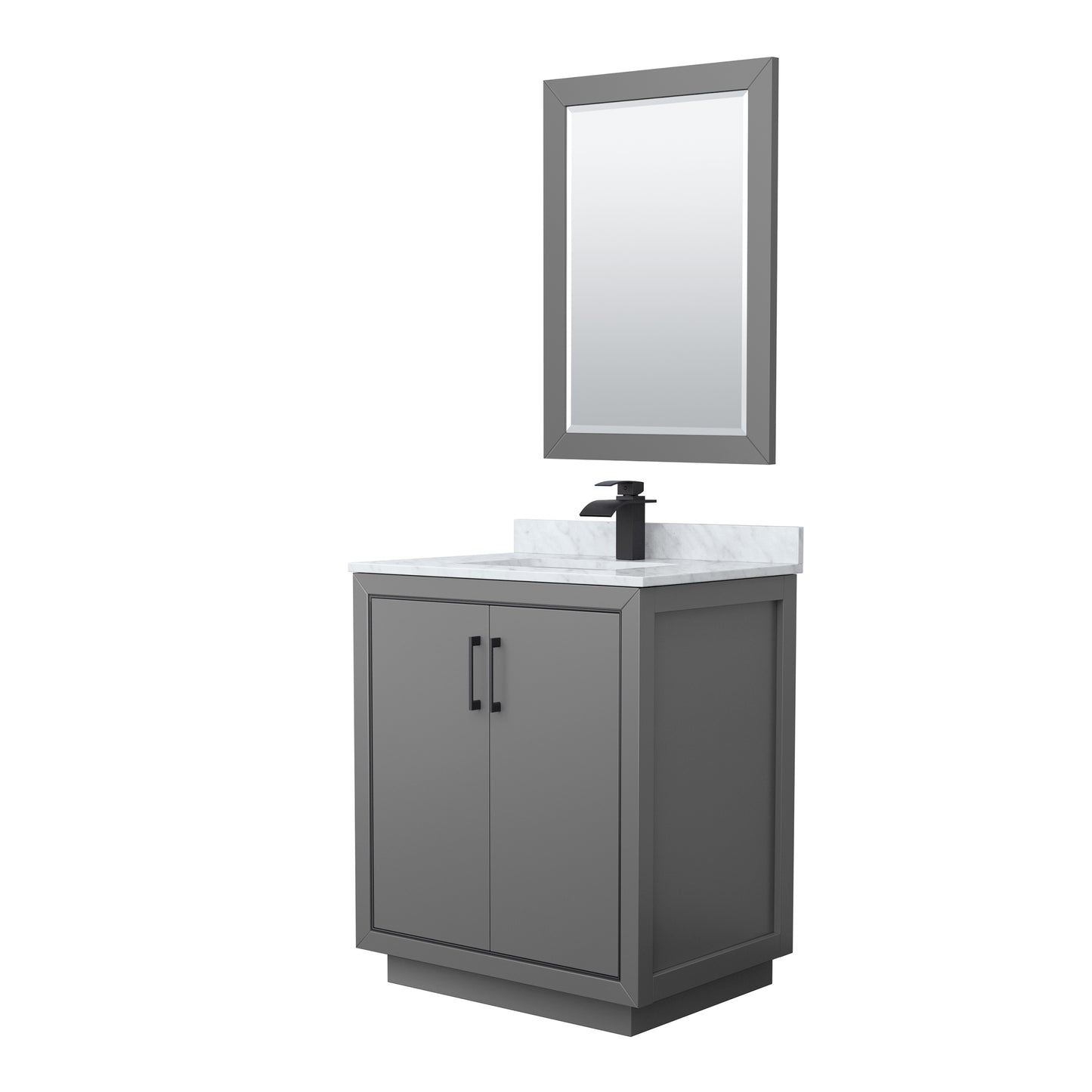 Wyndham Icon 30 Inch Single Bathroom Vanity White Carrara Marble Countertop Undermount Square Sink with Matte Black Trim and 24 Inch Mirror - Luxe Bathroom Vanities