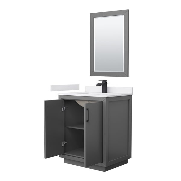 Wyndham Icon 30 Inch Single Bathroom Vanity White Cultured Marble Countertop with Undermount Square Sink, Matte Black Trim and 24 Inch Mirror - Luxe Bathroom Vanities