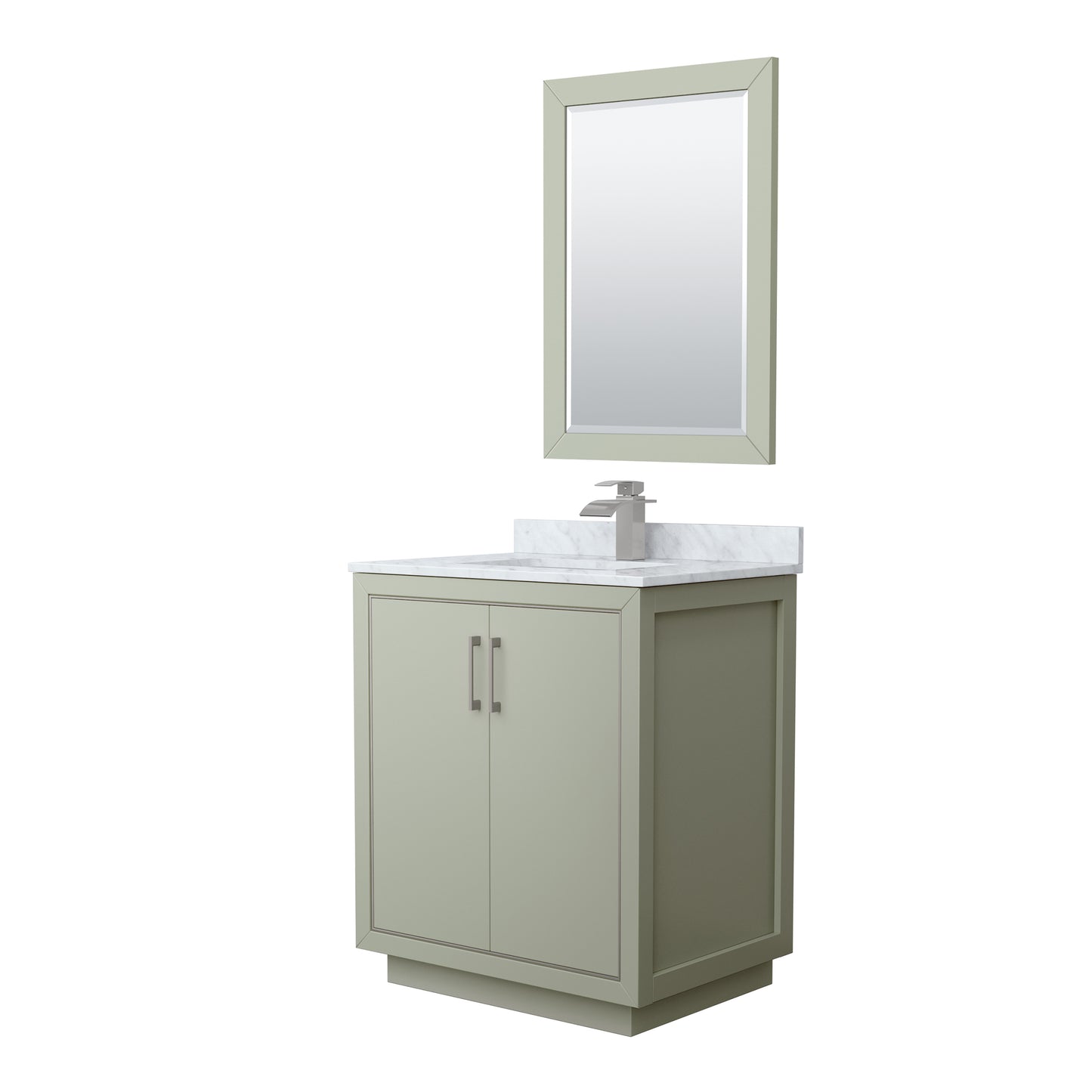 Wyndham Icon 30 Inch Single Bathroom Vanity White Carrara Marble Countertop Undermount Square Sink with Brushed Nickel Trim and 24 Inch Mirror - Luxe Bathroom Vanities