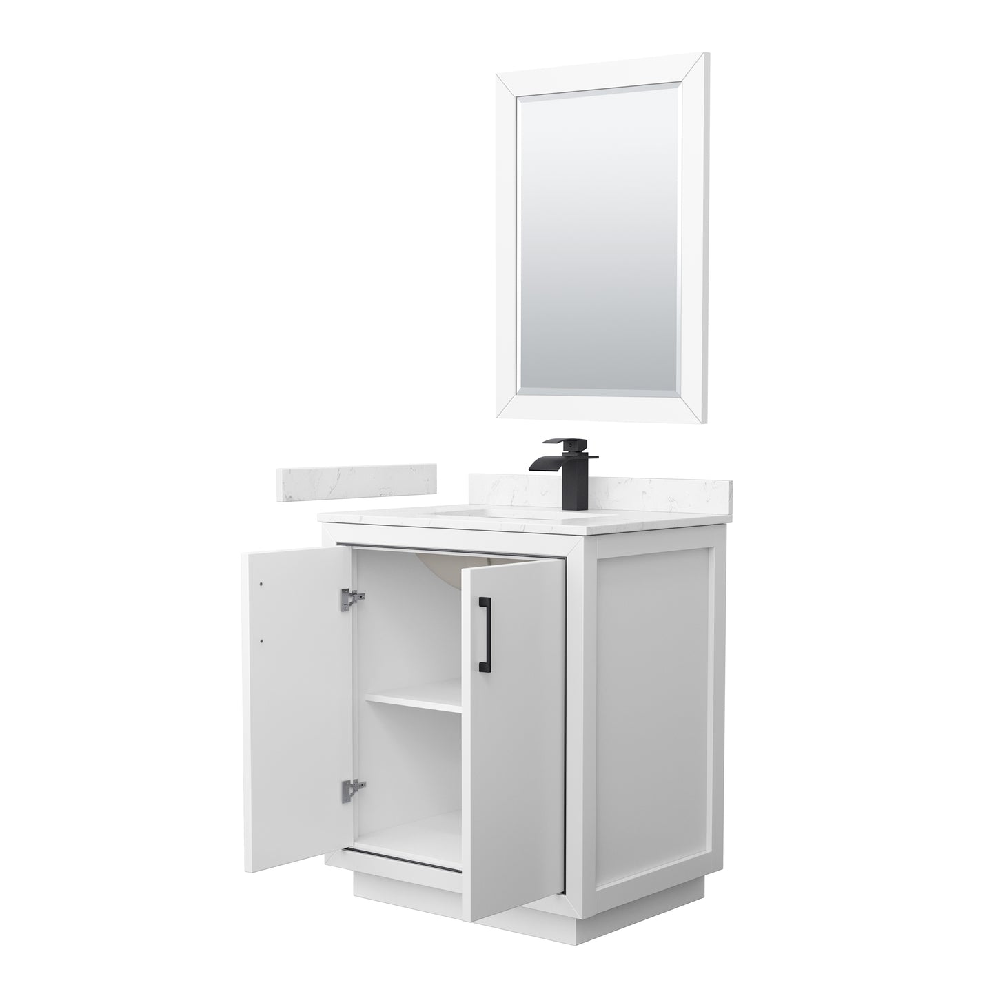 Wyndham Icon 30 Inch Single Bathroom Vanity Carrara Cultured Marble Countertop with Undermount Square Sink, Matte Black Trim and 24 Inch Mirror - Luxe Bathroom Vanities