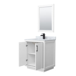 Wyndham Icon 30 Inch Single Bathroom Vanity White Carrara Marble Countertop Undermount Square Sink with Matte Black Trim and 24 Inch Mirror - Luxe Bathroom Vanities