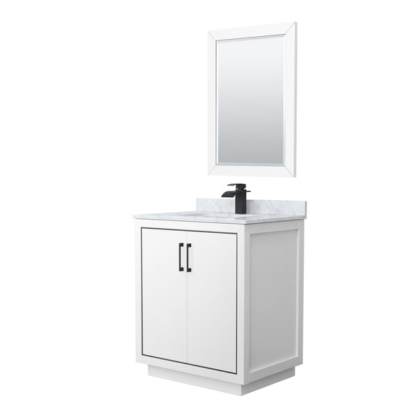 Wyndham Icon 30 Inch Single Bathroom Vanity White Carrara Marble Countertop Undermount Square Sink with Matte Black Trim and 24 Inch Mirror - Luxe Bathroom Vanities