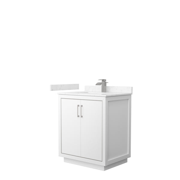 Wyndham Icon 30" Single Bathroom Vanity Carrara Cultured Marble Countertop with Undermount Square Sink and Brushed Nickel Trim - Luxe Bathroom Vanities