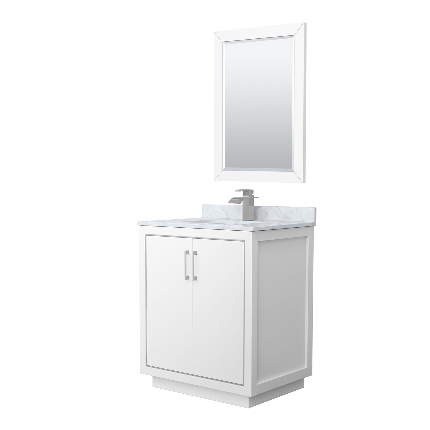 Wyndham Icon 30 Inch Single Bathroom Vanity White Carrara Marble Countertop Undermount Square Sink with Brushed Nickel Trim and 24 Inch Mirror - Luxe Bathroom Vanities