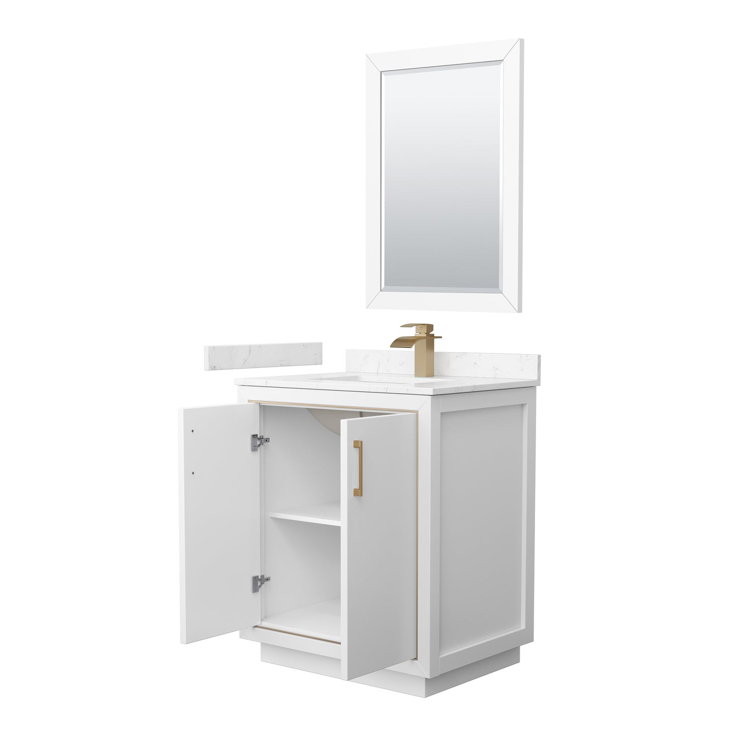 Wyndham Icon 30 Inch Single Bathroom Vanity in White with Carrara Cultured Marble Countertop, Undermount Square Sink, Satin Bronze Trim and 24 Inch Mirror - Luxe Bathroom Vanities