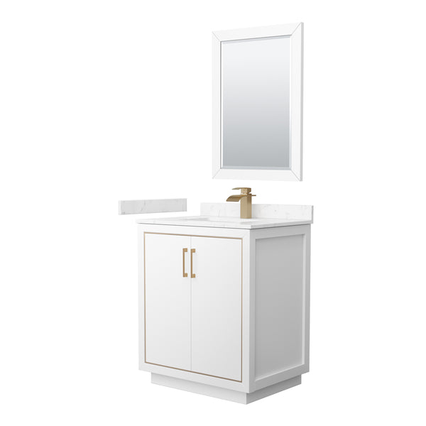 Wyndham Icon 30 Inch Single Bathroom Vanity in White with Carrara Cultured Marble Countertop, Undermount Square Sink, Satin Bronze Trim and 24 Inch Mirror - Luxe Bathroom Vanities