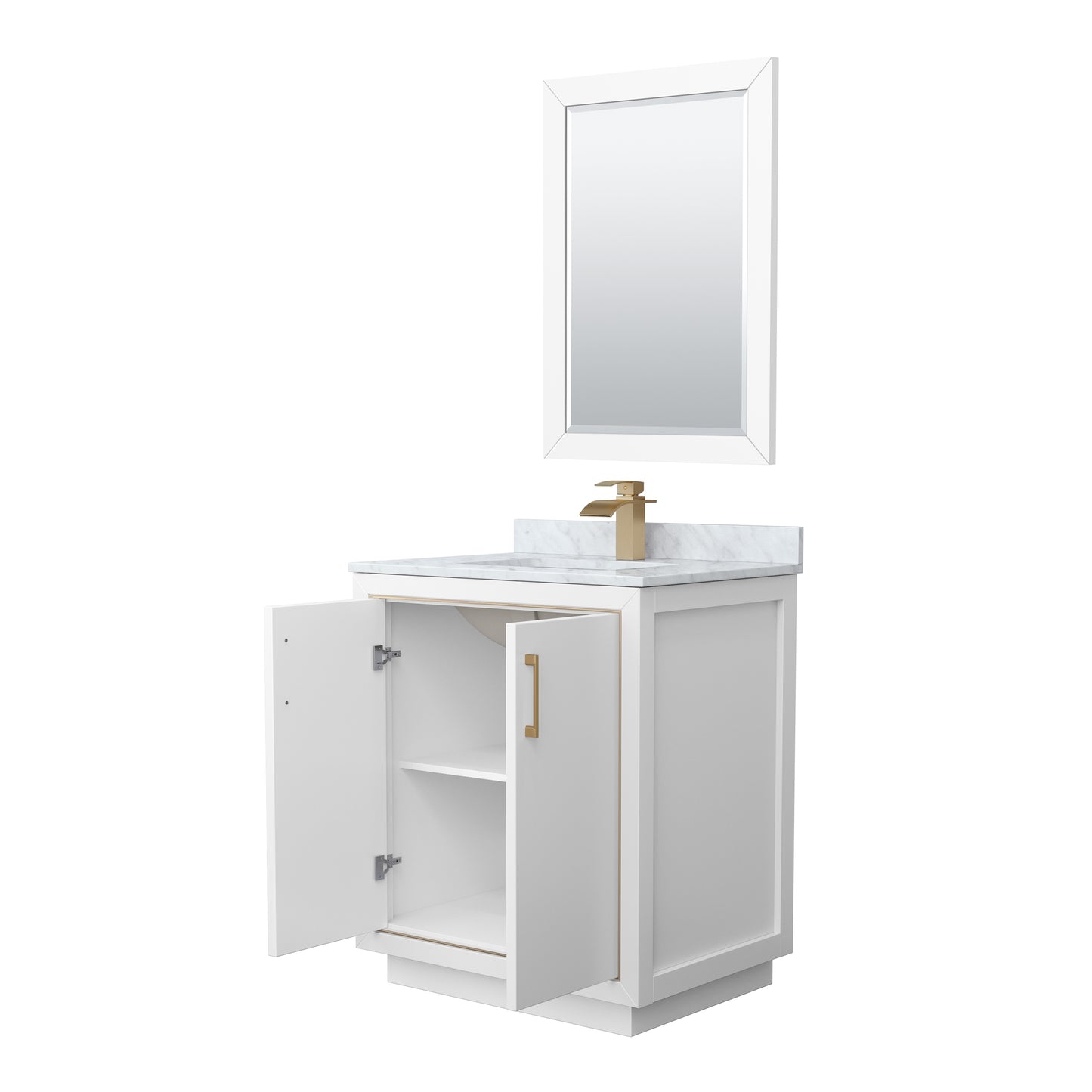 Wyndham Icon 30 Inch Single Bathroom Vanity in White with White Carrara Marble Countertop, Undermount Square Sink, Satin Bronze Trim and 24 Inch Mirror - Luxe Bathroom Vanities