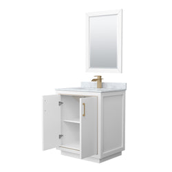 Wyndham Icon 30 Inch Single Bathroom Vanity in White with White Carrara Marble Countertop, Undermount Square Sink, Satin Bronze Trim and 24 Inch Mirror - Luxe Bathroom Vanities