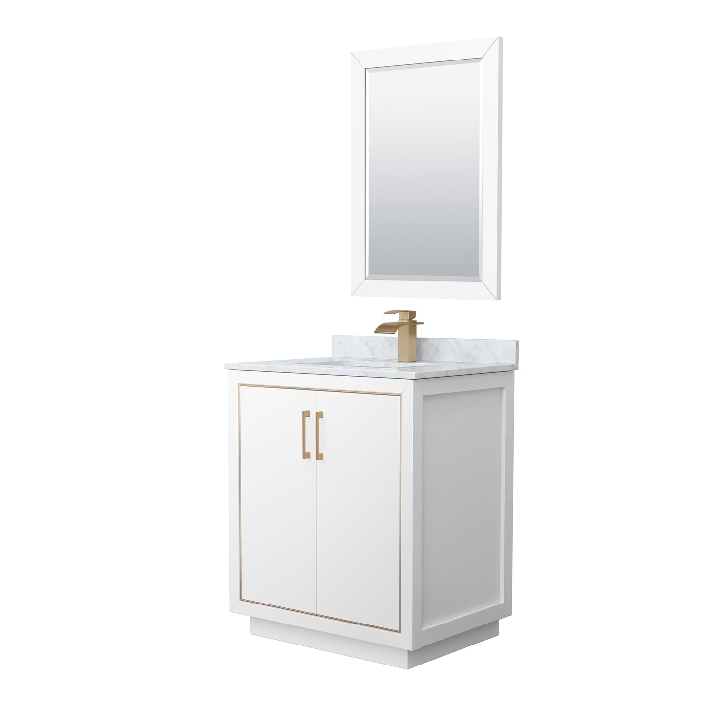 Wyndham Icon 30 Inch Single Bathroom Vanity in White with White Carrara Marble Countertop, Undermount Square Sink, Satin Bronze Trim and 24 Inch Mirror - Luxe Bathroom Vanities