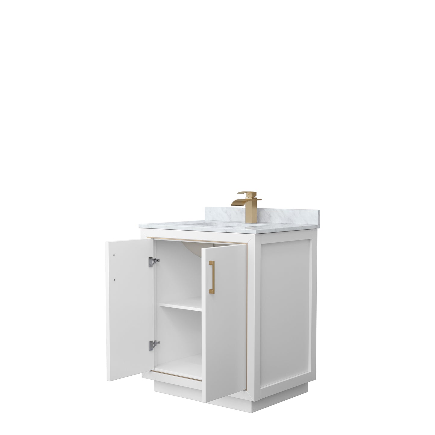 Wyndham Icon 30 Inch Single Bathroom Vanity in White with White Carrara Marble Countertop and Undermount Square Sink Satin Bronze Trim - Luxe Bathroom Vanities