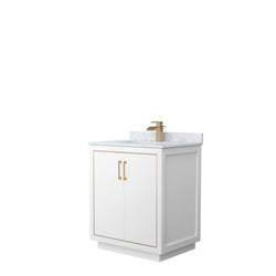 Wyndham Icon 30 Inch Single Bathroom Vanity in White with White Carrara Marble Countertop and Undermount Square Sink Satin Bronze Trim - Luxe Bathroom Vanities