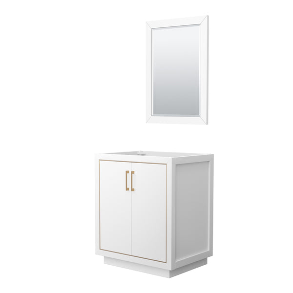 Wyndham Icon 30 Inch Single Bathroom Vanity in White, No Countertop, No Sink, Satin Bronze Trim with 24 Inch Mirror - Luxe Bathroom Vanities