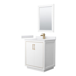Wyndham Icon 30 Inch Single Bathroom Vanity in White with White Cultured Marble Countertop, Undermount Square Sink, Satin Bronze Trim and 24 Inch Mirror - Luxe Bathroom Vanities