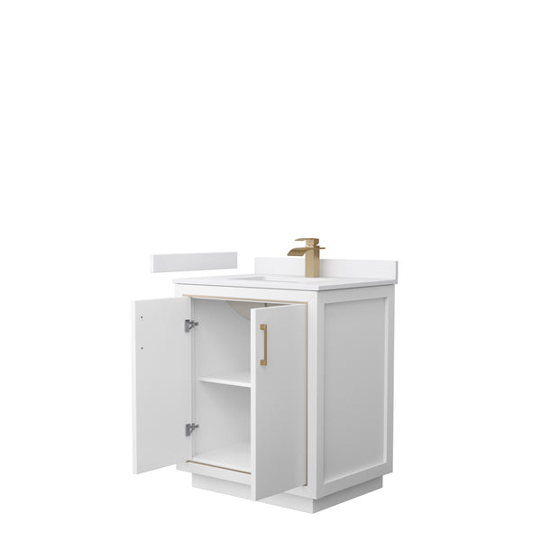 Wyndham Icon 30 Inch Single Bathroom Vanity in White with White Cultured Marble Countertop, Undermount Square Sink and Satin Bronze Trim - Luxe Bathroom Vanities