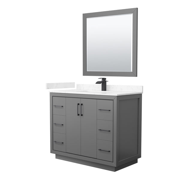 Wyndham Icon 42 Inch Single Bathroom Vanity Carrara Cultured Marble Countertop with Undermount Square Sink, Matte Black Trim and 34 Inch Mirror - Luxe Bathroom Vanities