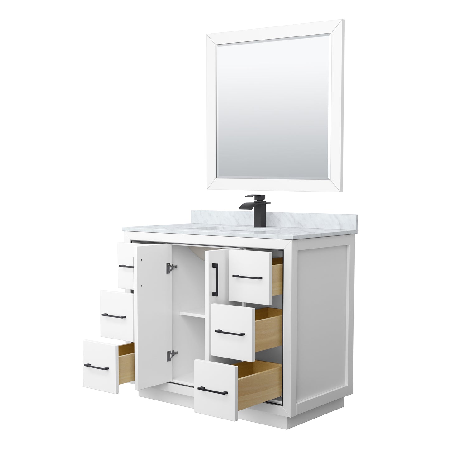 Wyndham Icon 42 Inch Single Bathroom Vanity White Carrara Marble Countertop, Undermount Square Sink with Matte Black Trim and 34 Inch Mirror - Luxe Bathroom Vanities