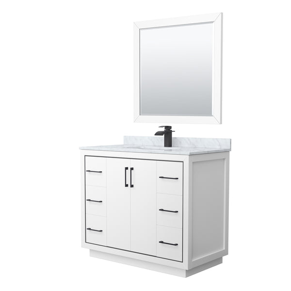 Wyndham Icon 42 Inch Single Bathroom Vanity White Carrara Marble Countertop, Undermount Square Sink with Matte Black Trim and 34 Inch Mirror - Luxe Bathroom Vanities