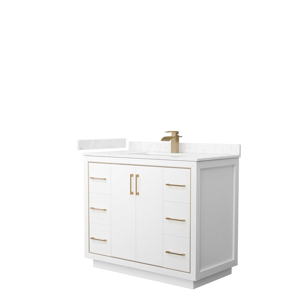 Wyndham Icon 42 Inch Single Bathroom Vanity in White with Carrara Cultured Marble Countertop, Undermount Square Sink and Satin Bronze Trim - Luxe Bathroom Vanities