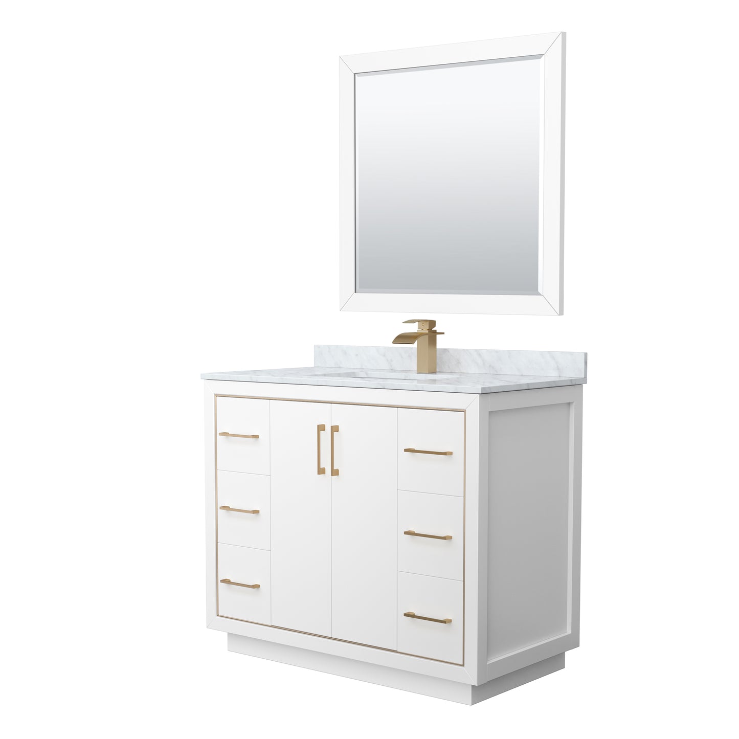 Wyndham Icon 42 Inch Single Bathroom Vanity in White with White Carrara Marble Countertop, Undermount Square Sink, Satin Bronze Trim and 34 Inch Mirror - Luxe Bathroom Vanities