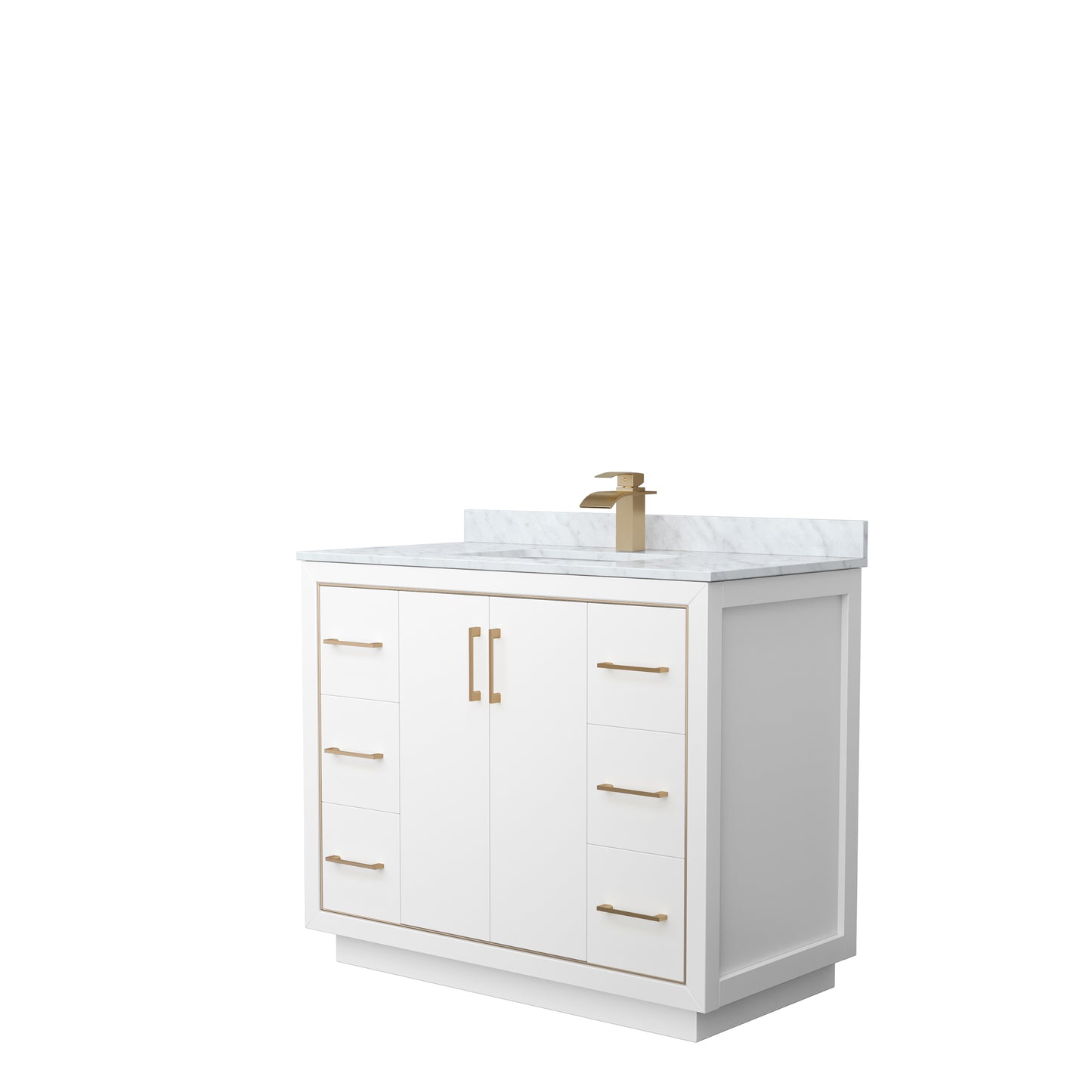 Wyndham Icon 42 Inch Single Bathroom Vanity in White with White Carrara Marble Countertop and Undermount Square Sink in Satin Bronze Trim - Luxe Bathroom Vanities