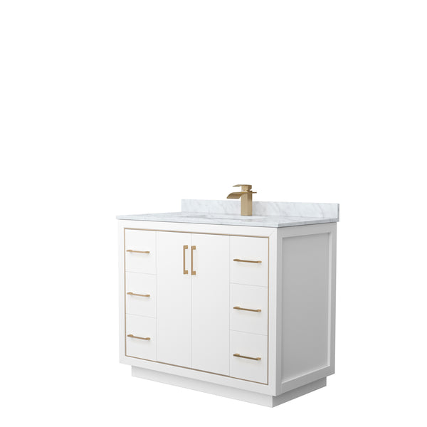 Wyndham Icon 42 Inch Single Bathroom Vanity in White with White Carrara Marble Countertop and Undermount Square Sink in Satin Bronze Trim - Luxe Bathroom Vanities