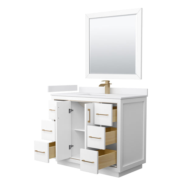 Wyndham Icon 42 Inch Single Bathroom Vanity in White with White Cultured Marble Countertop, Undermount Square Sink, Satin Bronze Trim and 34 Inch Mirror - Luxe Bathroom Vanities