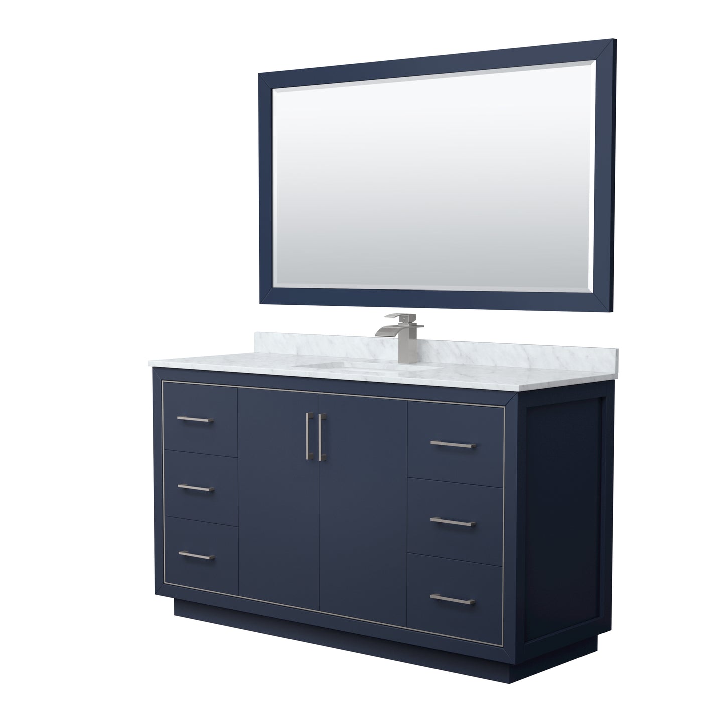 Wyndham Icon 60 Inch Single Bathroom Vanity White Carrara Marble Countertop, Undermount Square Sink with Brushed Nickel Trim and 58 Inch Mirror - Luxe Bathroom Vanities