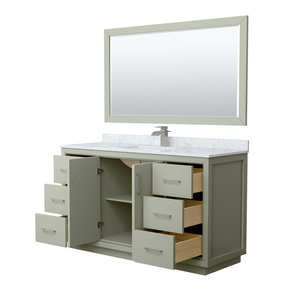 Wyndham Icon 60 Inch Single Bathroom Vanity White Carrara Marble Countertop, Undermount Square Sink with Brushed Nickel Trim and 58 Inch Mirror - Luxe Bathroom Vanities