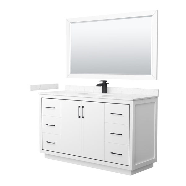 Wyndham Icon 60 Inch Single Bathroom Vanity Carrara Cultured Marble Countertop with Undermount Square Sink, Matte Black Trim and 58 Inch Mirror - Luxe Bathroom Vanities