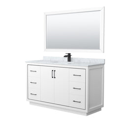 Wyndham Icon 60 Inch Single Bathroom Vanity White Carrara Marble Countertop, Undermount Square Sink with Matte Black Trim and 58 Inch Mirror - Luxe Bathroom Vanities