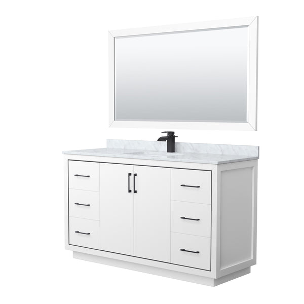 Wyndham Icon 60 Inch Single Bathroom Vanity White Carrara Marble Countertop, Undermount Square Sink with Matte Black Trim and 58 Inch Mirror - Luxe Bathroom Vanities