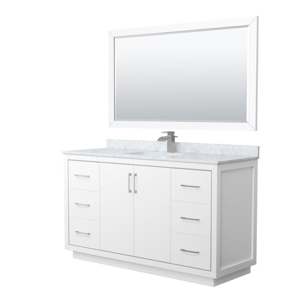 Wyndham Icon 60 Inch Single Bathroom Vanity White Carrara Marble Countertop, Undermount Square Sink with Brushed Nickel Trim and 58 Inch Mirror - Luxe Bathroom Vanities