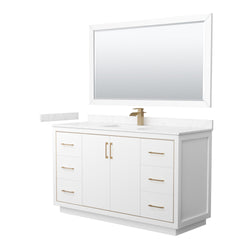 Wyndham Icon 60 Inch Single Bathroom Vanity in White with Carrara Cultured Marble Countertop, Undermount Square Sink, Satin Bronze Trim and 58 Inch Mirror - Luxe Bathroom Vanities