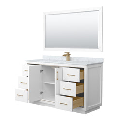 Wyndham Icon 60 Inch Single Bathroom Vanity in White with White Carrara Marble Countertop, Undermount Square Sink Satin Bronze Trim and 58 Inch Mirror - Luxe Bathroom Vanities