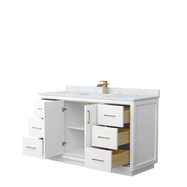 Wyndham Icon 60 Inch Single Bathroom Vanity in White with White Carrara Marble Countertop and Undermount Square Sink in Satin Bronze Trim - Luxe Bathroom Vanities