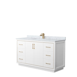 Wyndham Icon 60 Inch Single Bathroom Vanity in White with White Carrara Marble Countertop and Undermount Square Sink in Satin Bronze Trim - Luxe Bathroom Vanities