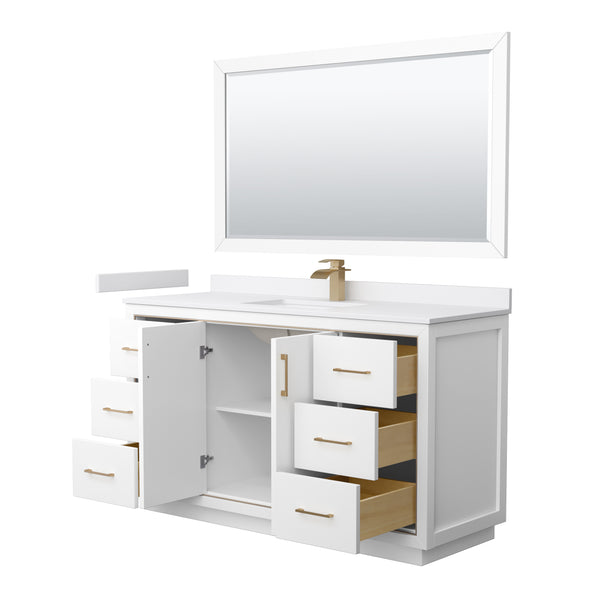 Wyndham Icon 60 Inch Single Bathroom Vanity in White with White Cultured Marble Countertop, Undermount Square Sink, Satin Bronze Trim and 58 Inch Mirror - Luxe Bathroom Vanities