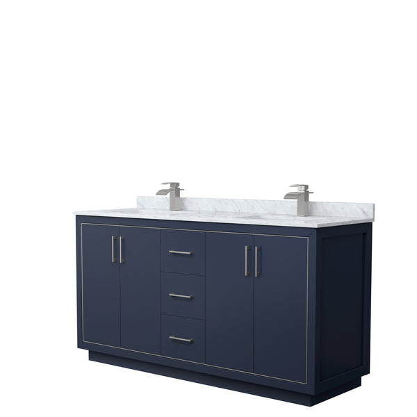 Wyndham Icon 66 Inch Double Bathroom Vanity White Carrara Marble Countertop with Undermount Square Sinks in Brushed Nickel Trim - Luxe Bathroom Vanities