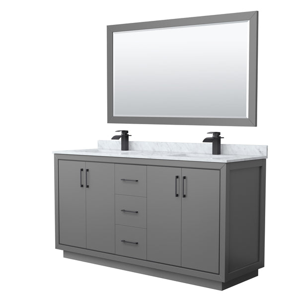 Wyndham Icon 66 Inch Double Bathroom Vanity White Carrara Marble Countertop, Undermount Square Sinks with Matte Black Trim and 58 Inch Mirror - Luxe Bathroom Vanities